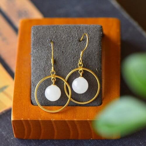 Natural Hetian Jade Circle Ball Bead Earrings Dignified Generous Style Fashion S925 Sterling Silver Earrings round Earrings Hypo