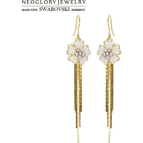 Neoglory Austria Rhinestone & Simulated Pearl Drop Earrings Light Yellow Gold Color Elegant Flower With Tassels Style For Women