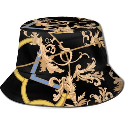 NOISYDESIGNS Retro Golden Flowers Print Hat Outdoor Travel Fishermans Hat Black Sun Basin Hat Sunscreen Bucket Fisherman Hat