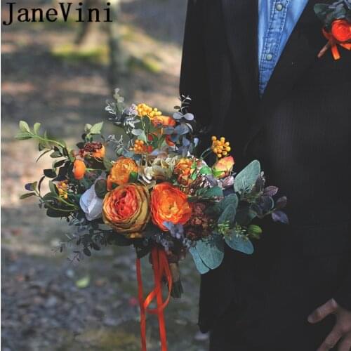 JaneVini Vintage Orange Shades Wedding Bouquet for Bride Flores Rosas Artificial Wedding Flowers Bridal Bouquets Boutonniere