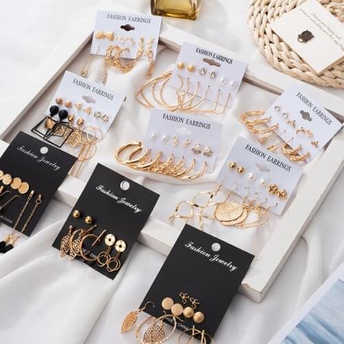 Fashion Exaggeration Earrings Sets Golden leaf Love Heart Earrings Sets for Women Pearl Drop Girls Gifts Gold Colors Earring New