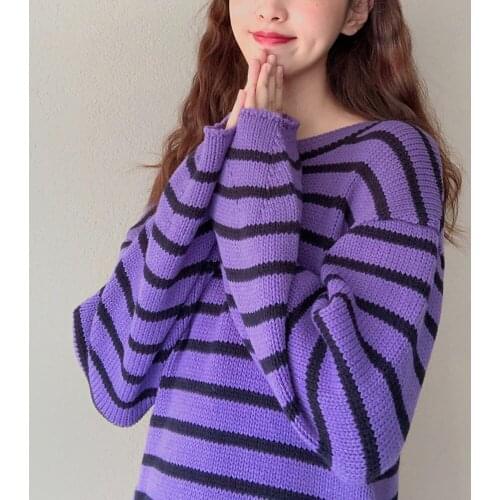 ElfStyle Wool Blend Purple Contrast Striped Knitted Sweater Jumper Features Back Bow Ties - 2020 New Women Knit Pullover Top