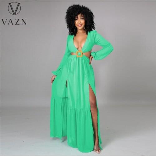 VAZN 2021 Early Autumn Backless High-end Chiffon Fresh Maxi Long Dress Sexy Holiday Hollow Out Young Full Sleeve Women Dress