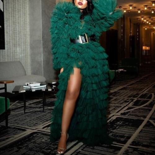 New Dark Green Ruffles Tiered Women Robes Full Sleeves 2020 Sexy High Split Tutu Long Women Dresses Chic Prom Gowns