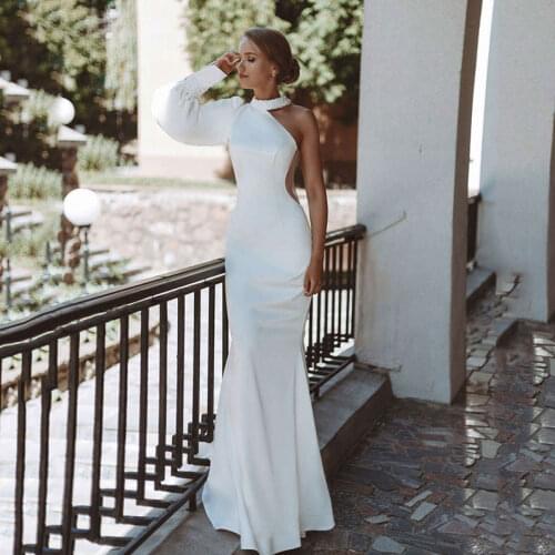 Elegant Mermaid Wedding Dress 2021 O-Neck One Shoulder Puff Sleeve Backless Satin Bridal Gown Custom Made Vestidos de Novia