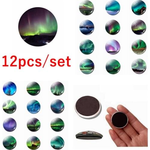 12pcsAurora Natural Scenery FridgeMagnet Glass Dome Aurora Borealis Message Board Sticker Aurora StarSky Fridge Magnet HomeDecor