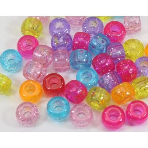 200 Mixed Glitter Transparent Color Acrylic Barrel Pony Beads 9X6mm Kids Crafts