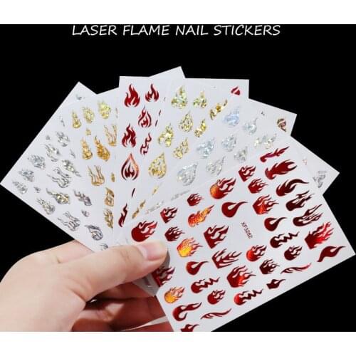 3D Holographic Fire Flame Nail Stickers Gold Silvery Decal DIY Nail Art Decoration Laser Charms with Adhesive
