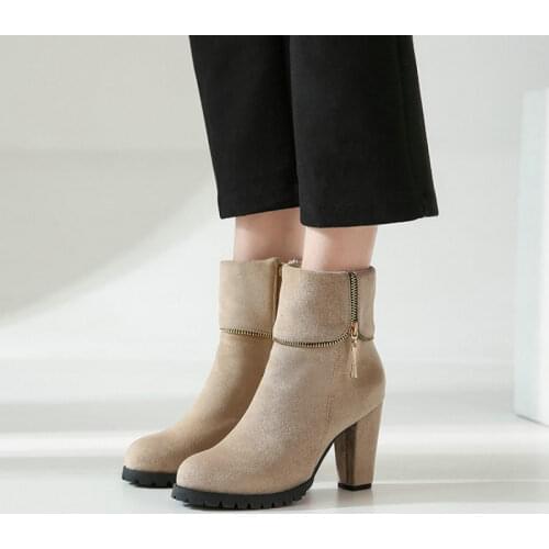 2020 flock faux suede womans boots zipper block high heels elegant ladies heels booties big size 45 46 47 48 women ankle boots