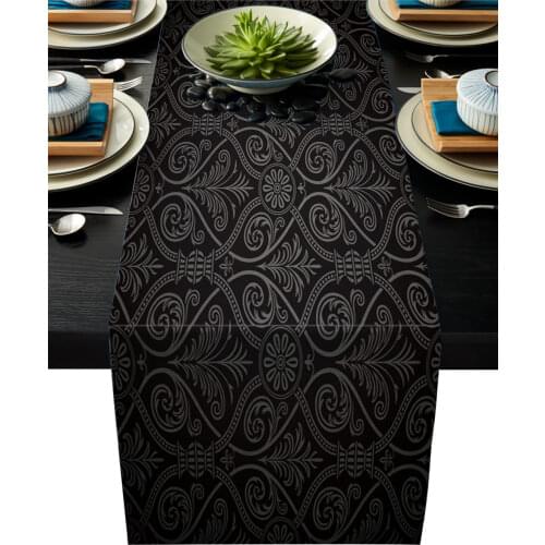 Floral Pattern Black Texture Black Table Runner Modern Linen Cotton Table Cloth Decoration For Home Wedding Christmas Party