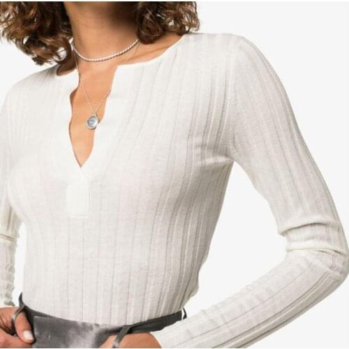 Spring Autumn Wool Silk Pullovers Cut Deep V Slim Thread Cashmere Knit Top