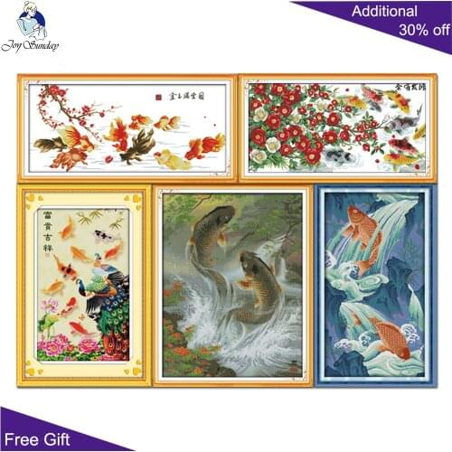 Joy Sunday Gold Jade Flowers Wealth Good Fortune Big Splash Fish Leaping Over Dragon Gate D303D312D313D346D494(2) Cross Stitch