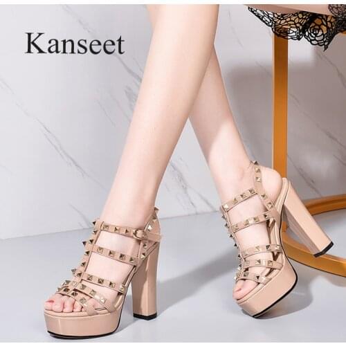 Kanseet 2021 Womens Sandals Summer Rivets Patent Leather Super High Heels Shoes Party Prom Women Shoes Platform Buckle Footwear