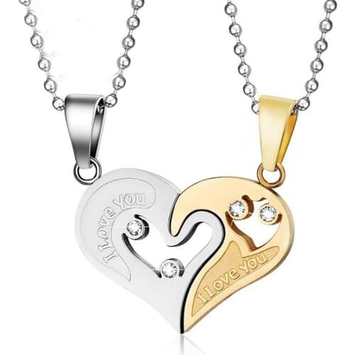 Stainless Steel Gold Silver Color Heart Jigsaw Puzzle Lovers Pendant Necklace Jewelry Gift For Him with Bead Chain