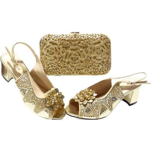 Italian Design Hot Selling Sprical Butterfly-Kont Style Decoraiton High Heels Party Women Shoes and Bag Set in Gold Color