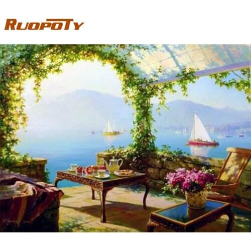 RUOPOTY Frame Diy Painting By Numbers Seaside Landscape Coloring By Numbers Acrylic Canvas Painting Handpainted Drawing Art