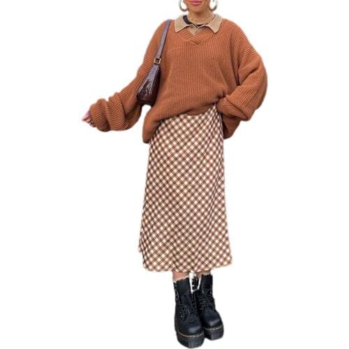 Recently on the New Women Sexy Hot Girl High-Waisted Long Skirt Midi Skirt Casual Retro Plaid Print Loose Fit Street Long Skirt