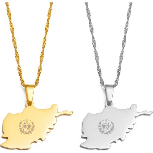 Anniyo Afghanistan Map and Flag Pendant Necklaces for Women Afghan Jewelry Gifts #261521
