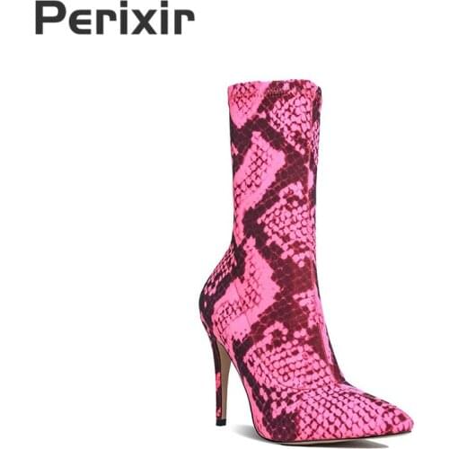 Perixir Spring Woman Ankle Ladies Short Boots Autumn Fashion Printed Stretch Fabric Sock Boots Pointed Toe High Heels