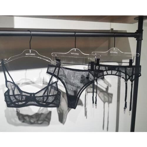 Sexy lace mesh see-through bra briefs set triangle cup small chest gathered bra steel ring womens lingerie three-piece set