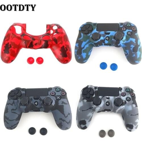 3-In-1 Anti-Slip Soft Camouflage Silicone Cover Skin Case + 2 Thumbsticks Caps For Sony PS4 Pro Slim Controller