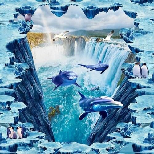PVC Self-Adhesive Floor Mural Wallpaper 3D Stereo Waterfall Dolphin 3D Floor Tiles Bathroom Living Room Mall Waterproof Stickers