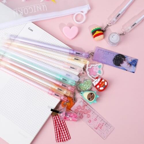 10pcs pen with 1 bag Creative Set Pendant Pen Girl Cartoon 10 Pack Gel Pen Black Ink with Bag 0.5mm Stationery Signature Pen