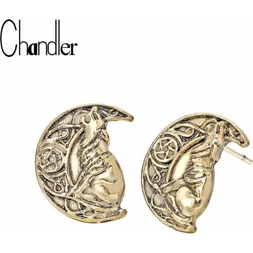 Chandler Antique Wolf Celti Moon Viking Earring For Men Women Cresent Animal Stud Ear Norse Viking Warrior Amulet Mens Jewelry
