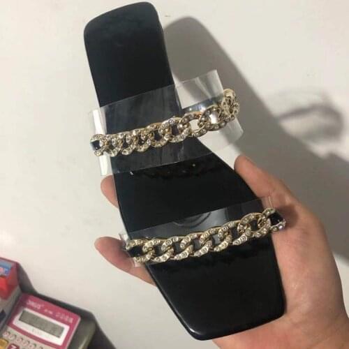 Summer Slippers Clear Transparent Flat Beach Slippers Metal Chain Women Shoes Woman Slides Square Open Toe Flip Flops Plus Size