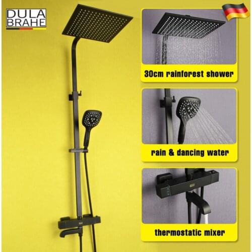 Bathroom Rain Shower Faucet Set Hot And Cold Thermostatic Mixer Tap Bath Shower Head Black Wall Mounted Shower System