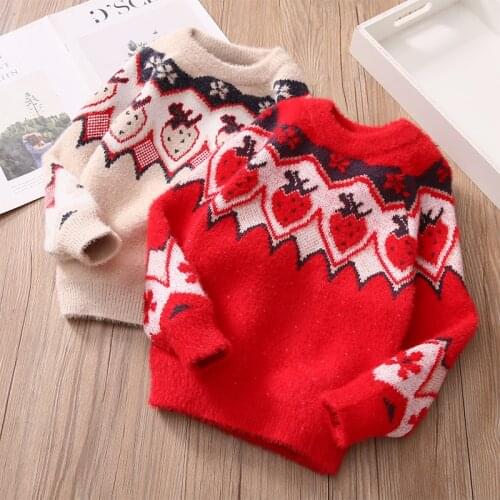 Winter New Baby Girls Sweaters 2020 Fashion Korean Kids Thick Pullover Sweater Strawberry Warm Knitted Sweater for Girl 3-9 Y