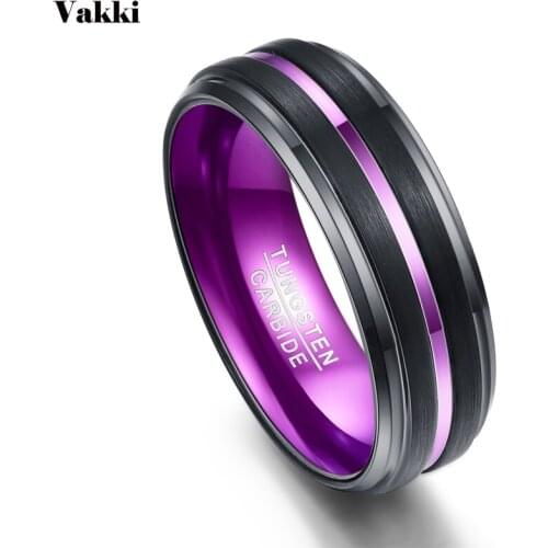 VAKKI 8MM Black Matte Finish Purple Grooved Small Bevel Tungsten Carbide Mens Ring Wedding Jewelry Male