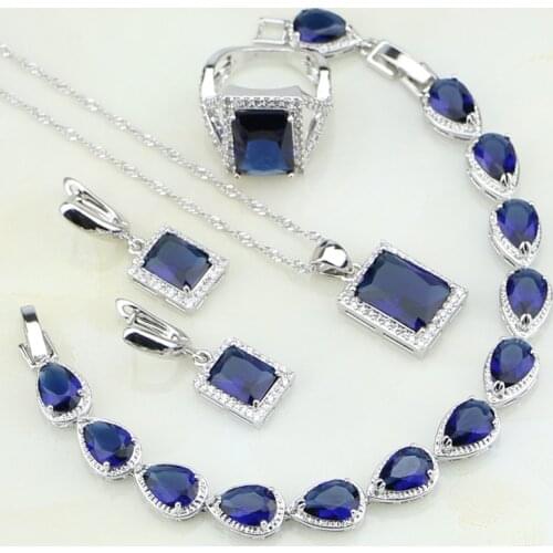 925 Silver Jewelry Blue Cubic Zirconia White Crystal Bridal Jewelry Sets For Women Party Earring/Pendant/Necklace/Bracelet/Ring