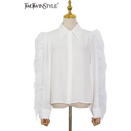 TWOTWINSTYLE White Casual Shirt For Women Lapel Collar Long Sleeve Feathers Single Breasted Blouses Female Summer 2021 New Style
