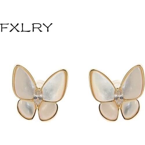 FXLRY Elegant luxury new fashion white pearl Mother Shell Pearl butterfly stud earring for women Party Fashion Jewelry