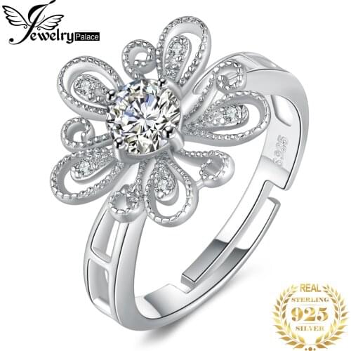 JewelryPalace Cubic Zirconia CZ Milgrain Filigree Blossom Flower Adjustable Open Ring 925 Sterling Silver Rings for Women Gifts