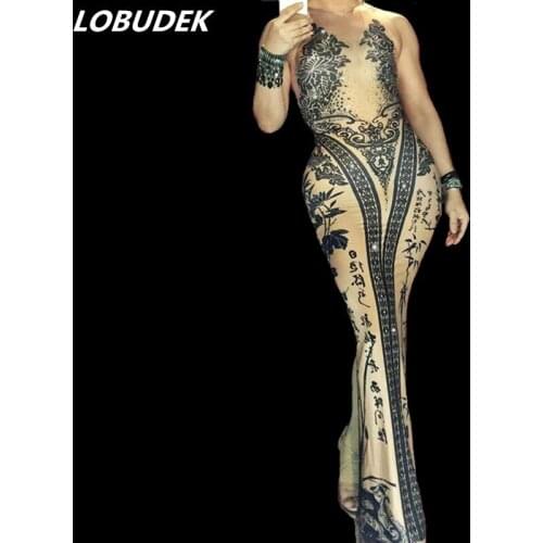 Chinese Style Women Fashion 3D Printing Long Dress Sexy Stretch Elastic Dress Nightclub Singer Stage Costume Party Outfit