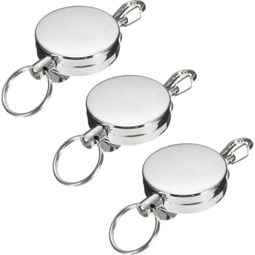3 Pcs Stainless Silver Retractable Key Chain Recoil Keyring Heavy Duty Steel