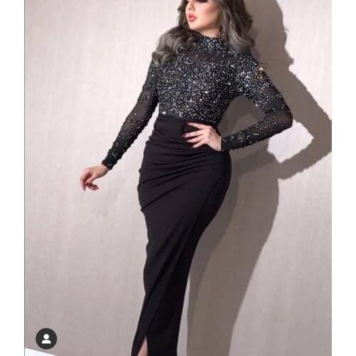 Black prom dresses beaded crystal long sleeve pearls front slit pleats high neck mermaid evening dresses sheath formal dresses