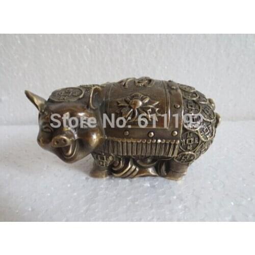 11 CM lenth Home Feng Shui Decor Metal Crafts chinese bronze carved money Lucky Pig sculpture