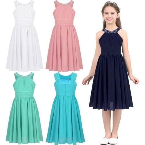 Children Chiffon Flower Girl Dresses Kids Sleeveless Flower Shaped Rhinestone Dress Girls Princess Wedding Birthday Party Dress