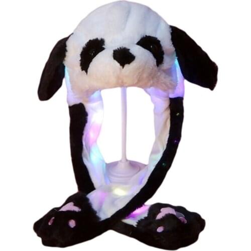 Adult Kids Light Up Plush Animal Hat with Moving Ears Cartoon Rabbit Bunny Panda LED Glowing Earflap Cap Stuffed Toys