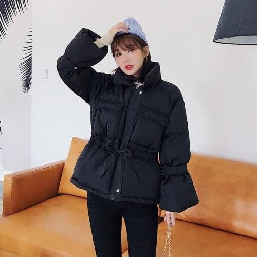 Short Style Parkas Female Winter Solid Thick Womens Jacket Plus Size Stand Collar With Sashes Cotton Padded Causal Outwear