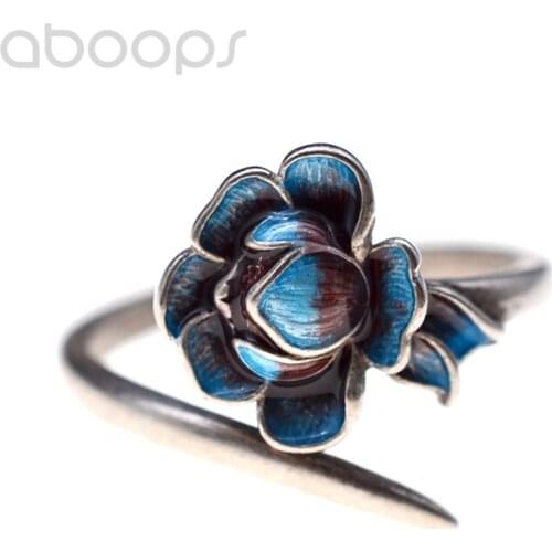 Small 925 Sterling Silver Enamel Lotus Ring for Women Girls Adjustable Size 6-8,Free Shipping