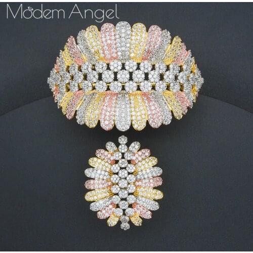 ModemAngel Fashion Luxury Super 3 Tone Boom Flowers AAA Cubic Zirconia Women Party Engagement Width Bracelet Bangle And Ring Set