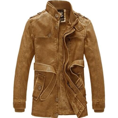 Fashion mens Standing Collar High Quality Long Leather Jacket Slim PU coat windproof Warm male Washed Motorcycle Windbreaker 4XL