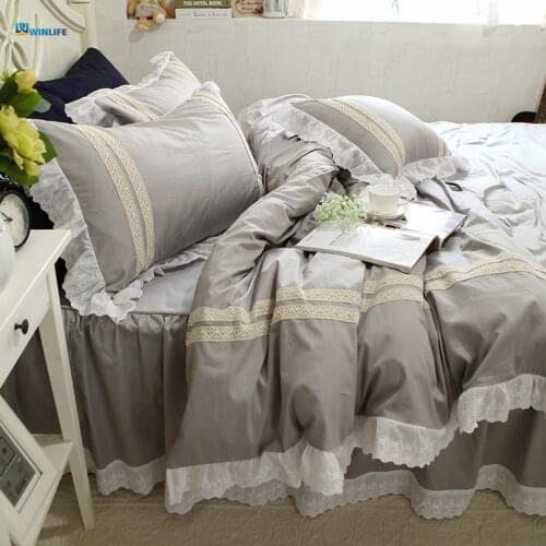 New Grey lace bedding set lace ruffle duvet cover embroidery bedding elegant bedspread bed skirt princess bed textile sale