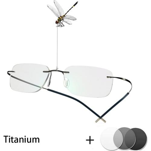B titanium Rimless Glasses Photochromic Myopia Lens Men Women Outdoor Presbyopia Optics Eyewear