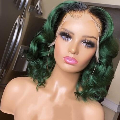 Ombre Color Human Hair T Part Lace Wig Wavy Bob Lace Front Human Hair Wigs 1B/Green Lace Front Wig Brazilian Remy 180% Pre Pluck