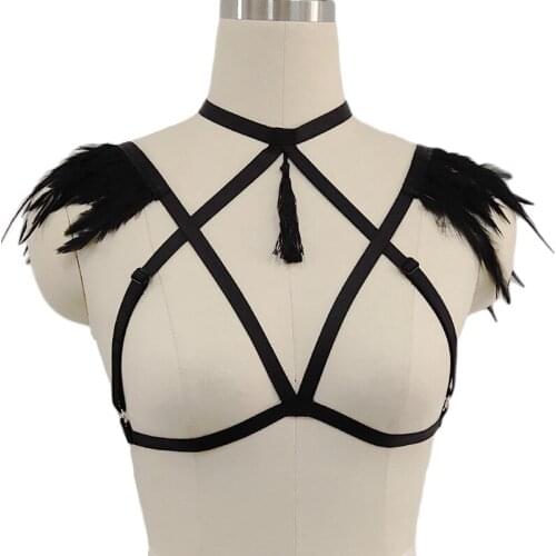 Feather Cage Bra Gothic Sexy Lingerie Tassels Pendant Body Harness Open Chest Feather Bra Suspender Belt Bondage Top Cage